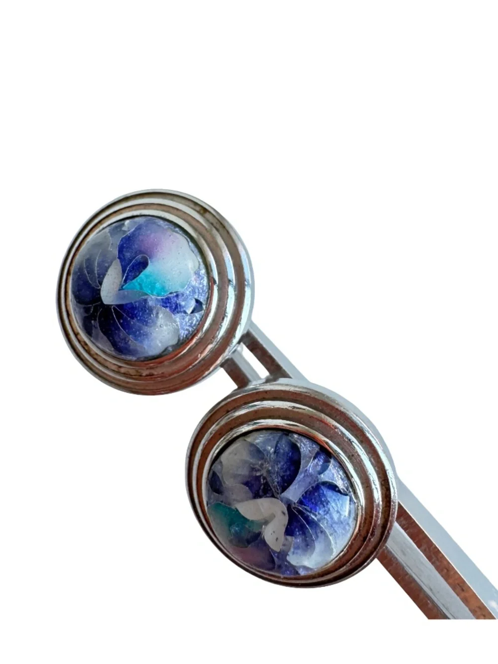 Japanese Cloisonne Cufflinks Blue White Floral Enamel Vintage Wedding Suits Wear